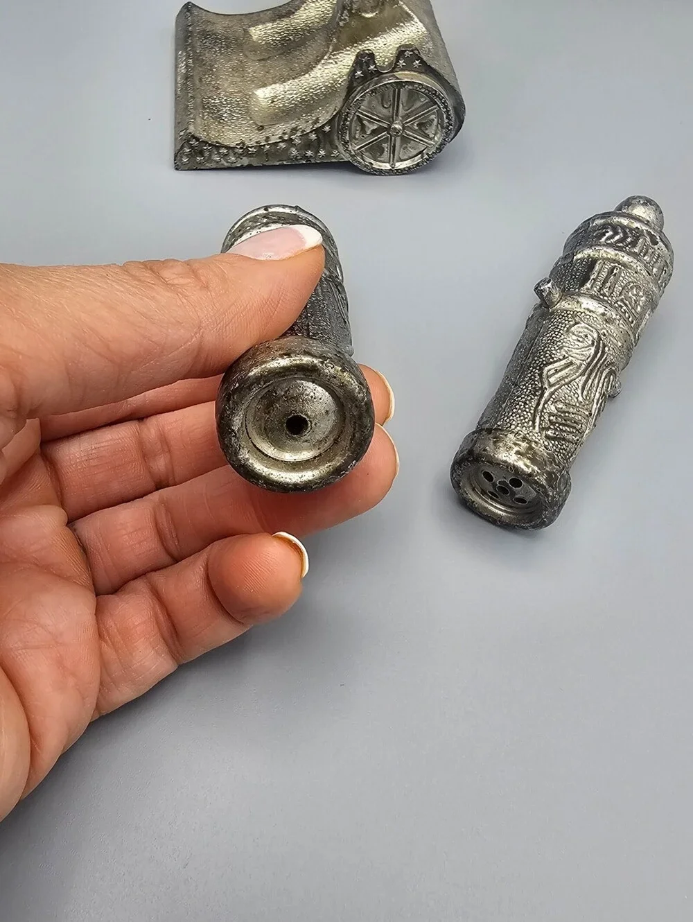 Vintage Metal Cannon Salt and Pepper Shakers with Holder